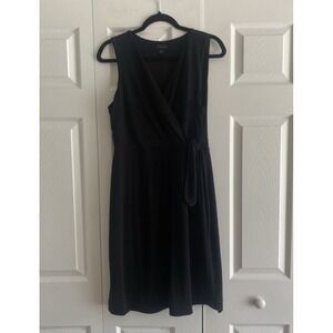 Ann Taylor Womens Medium Black Faux Wrap Dress Stretched Lined Comfort V Neck